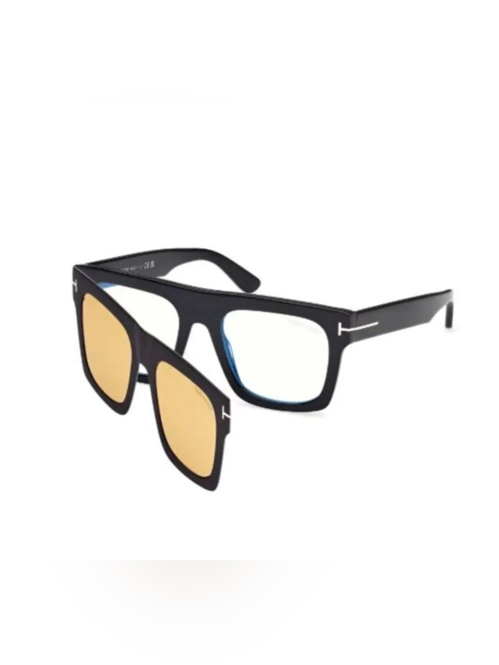 New Tom Ford Man’s Black Rectangle Clip-On Sunglasses with Amber Lenses